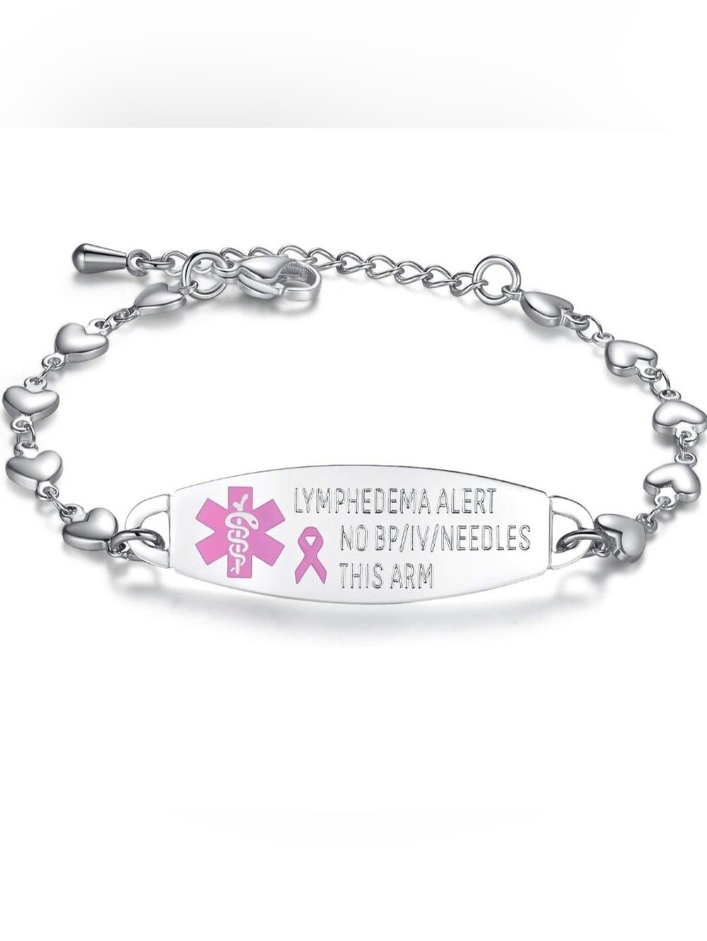 Lymphedema Medical Alert Bracelet with Pink Ribbon - Silver-tone Size 8.25"
